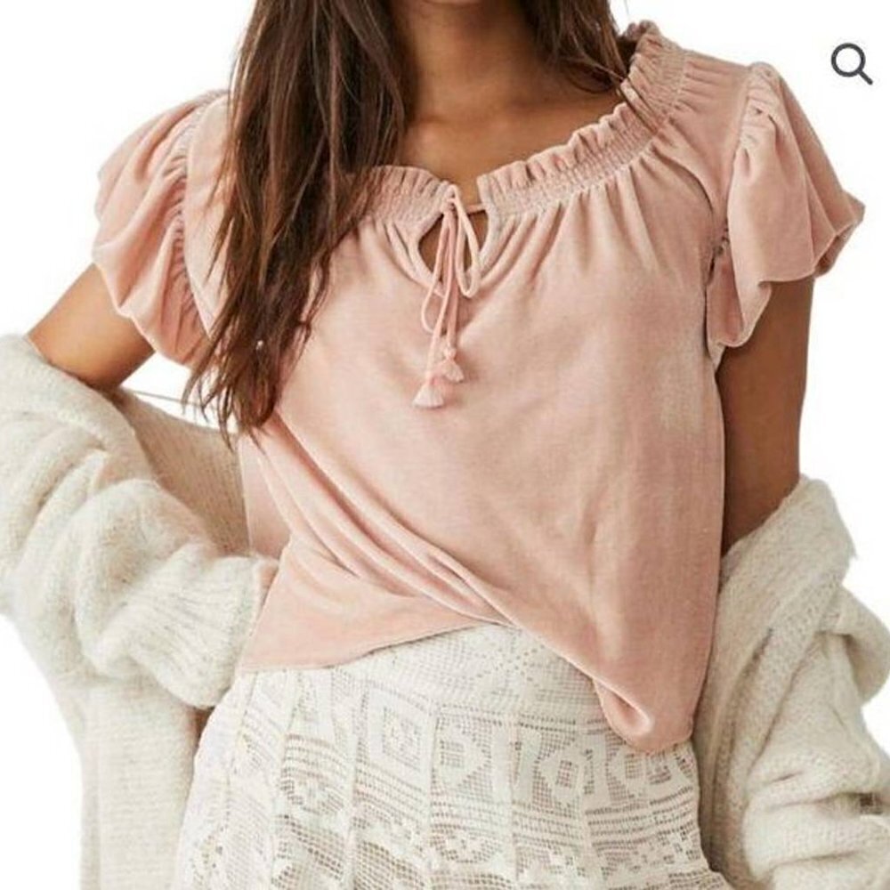 Free People NEW Terese Velvet Puff Sleeve Top in Size XS- Pink Tint